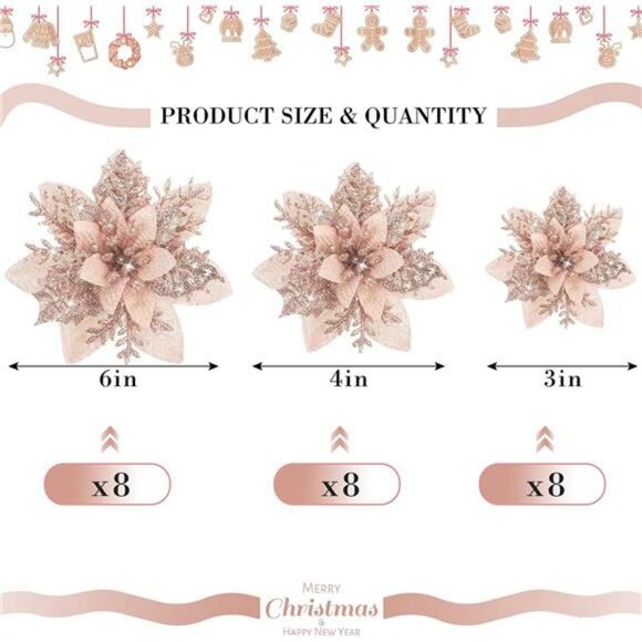 36 Pcs Artificial Poinsettia Flowers with Glitters Christmas Decors (Rose Gold) - Picture 3 of 7